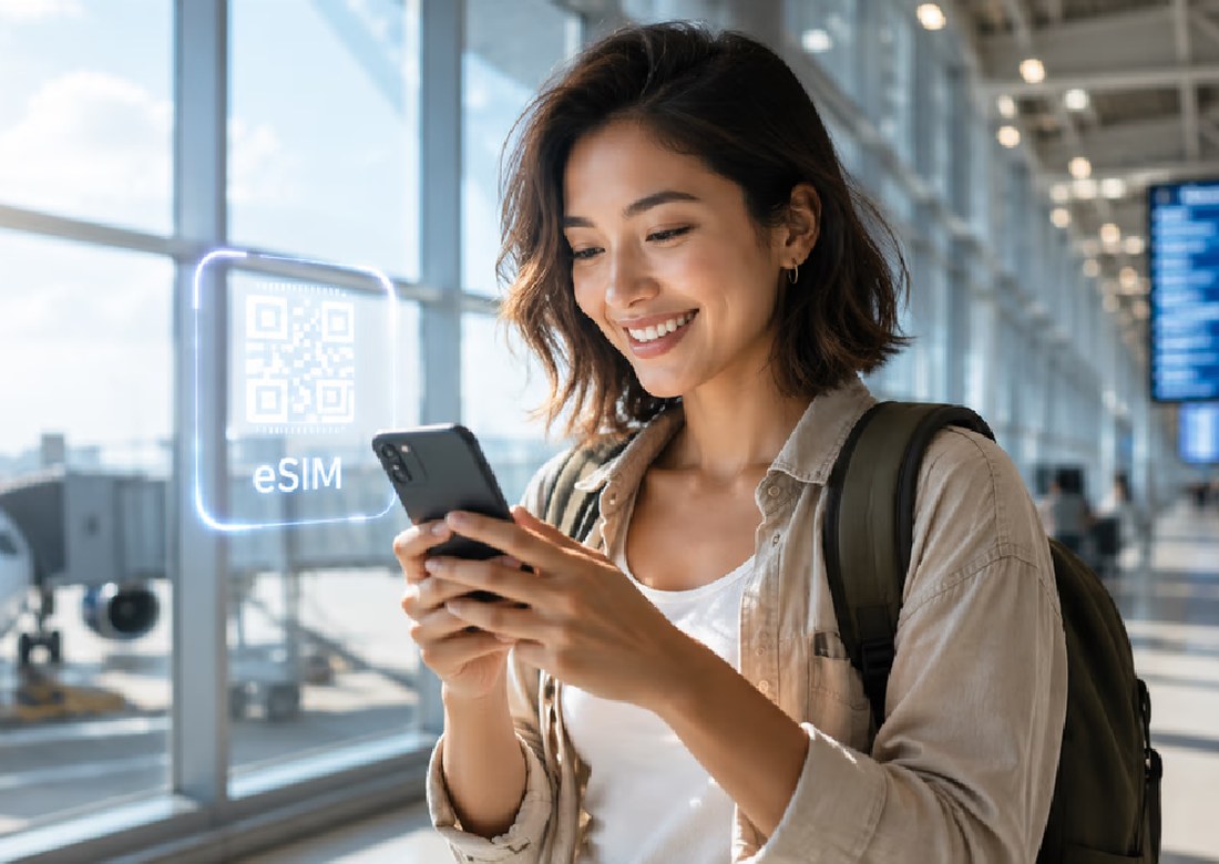 Viajera administrando su eSIM desde un aeropuerto