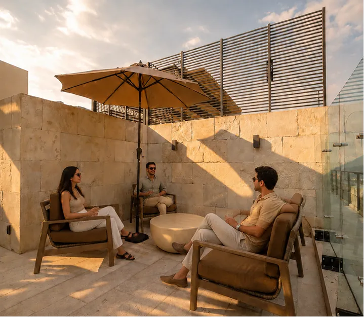 Terraza privada con vista al atardecer
