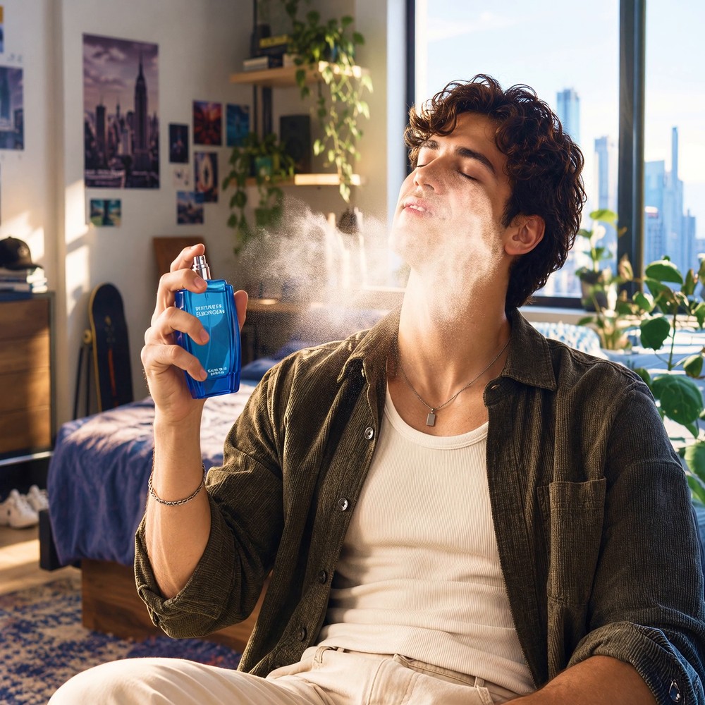 Hombre aplicando una fragancia Perfumes Europeos