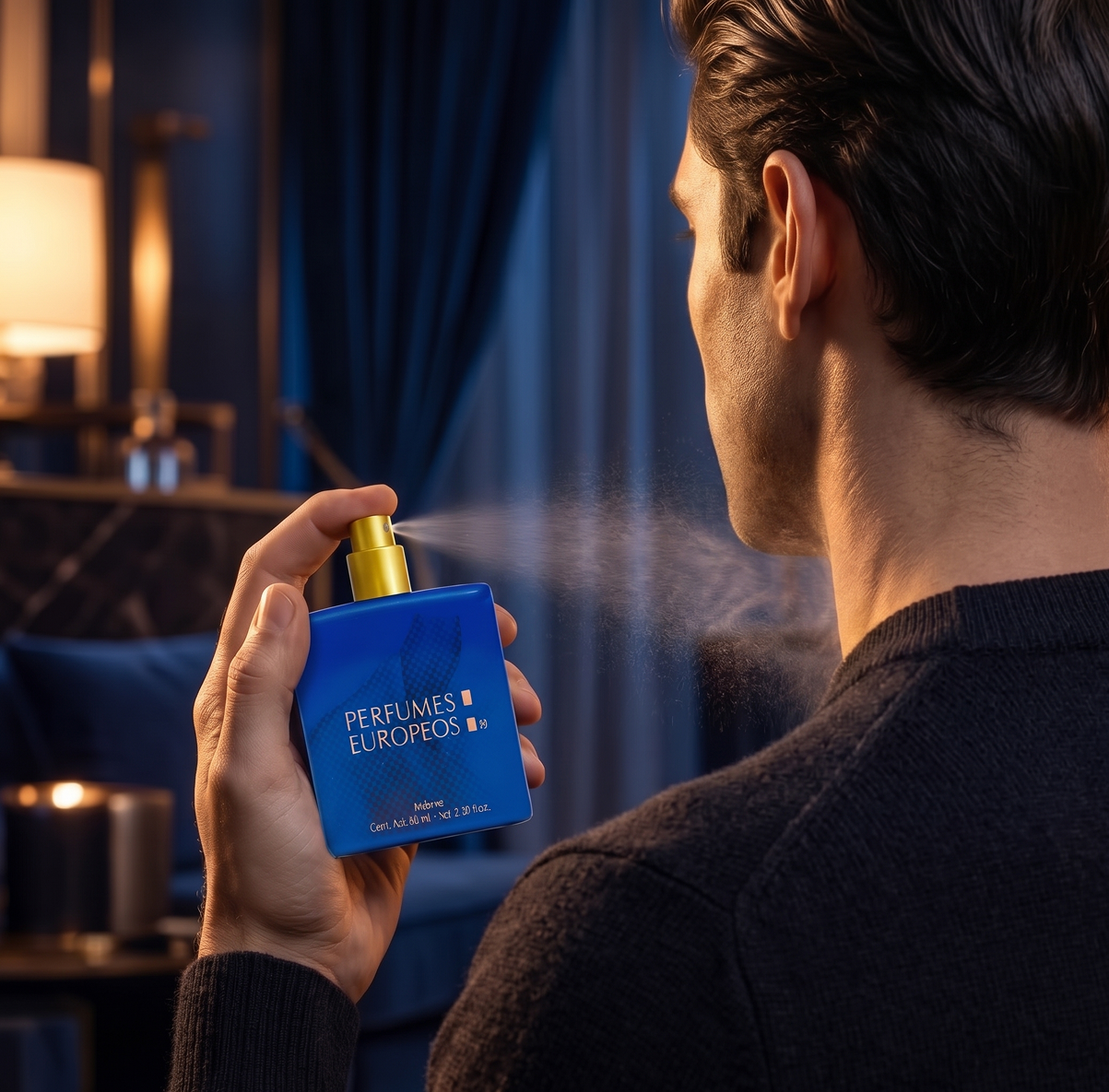 Hombre aplicando una fragancia Perfumes Europeos