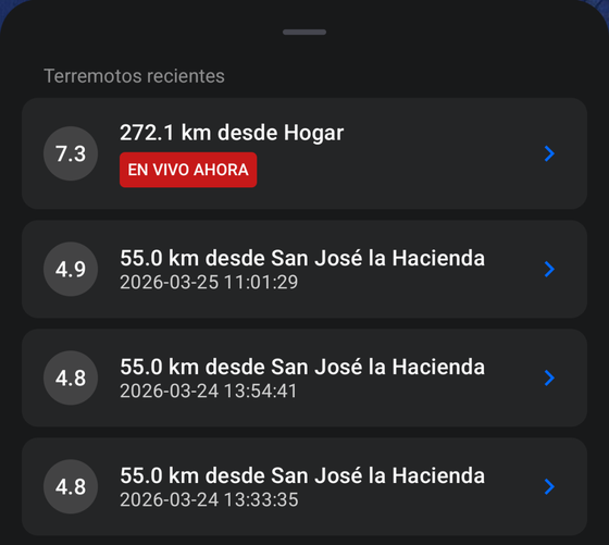 Pantalla de la app con la lista de sismos recientes