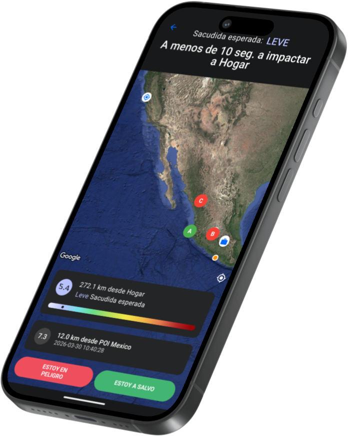 App ShakeWatch mostrando una alerta sísmica en el celular