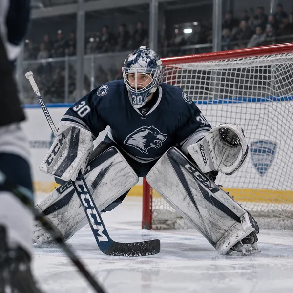 Goalie in position in front of the net