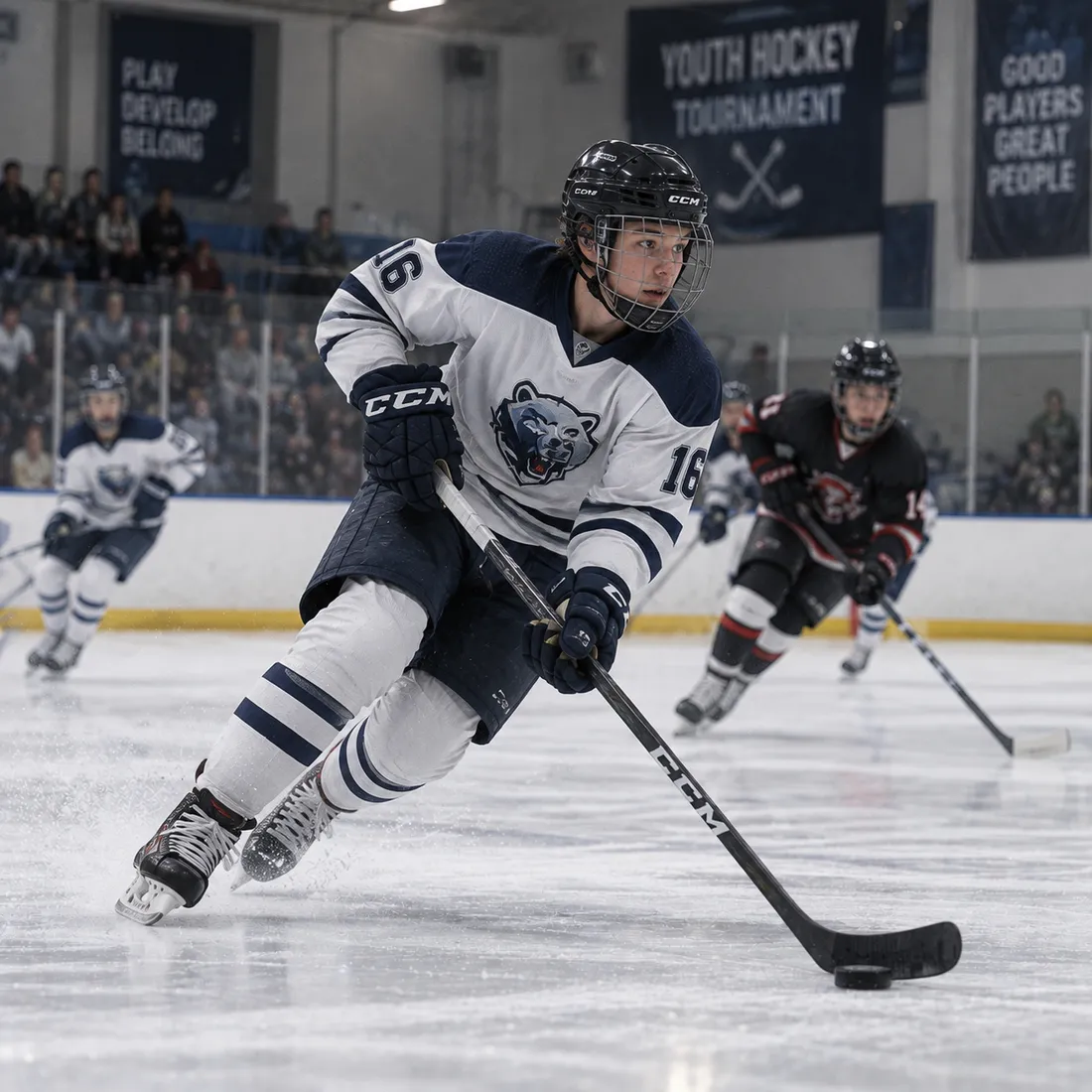 Youth hockey player skating with the puck during a game