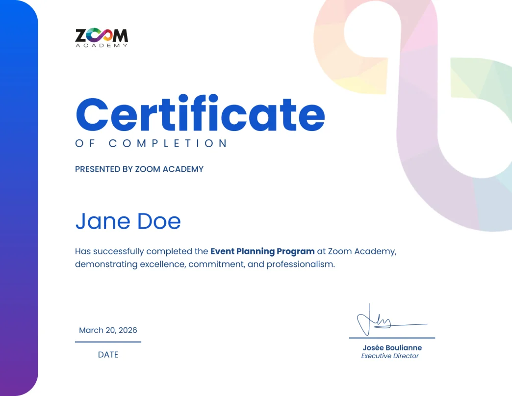 Zoom Academy Certificate of Completion for the Event Planning Program