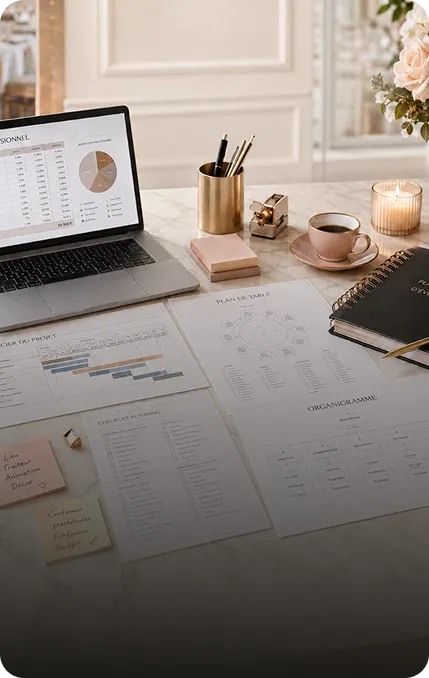 Budget spreadsheets, timelines and checklists on a planner's desk