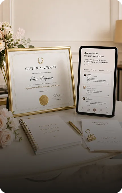 The framed official certificate next to the community app