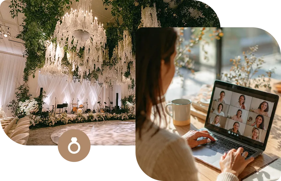 A wedding venue and a student following a live class on Zoom