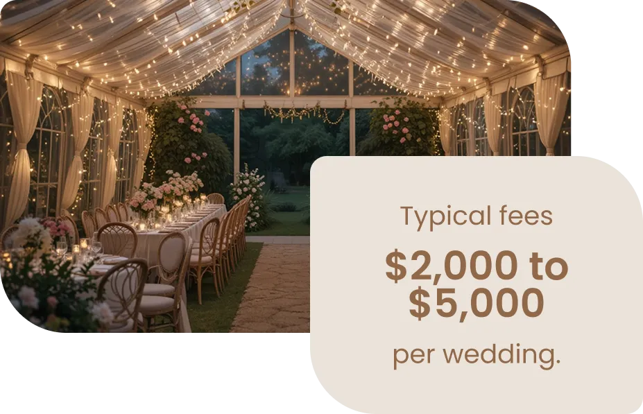 A reception tent lit for a wedding. Typical fees: $2,000 to $5,000 per wedding