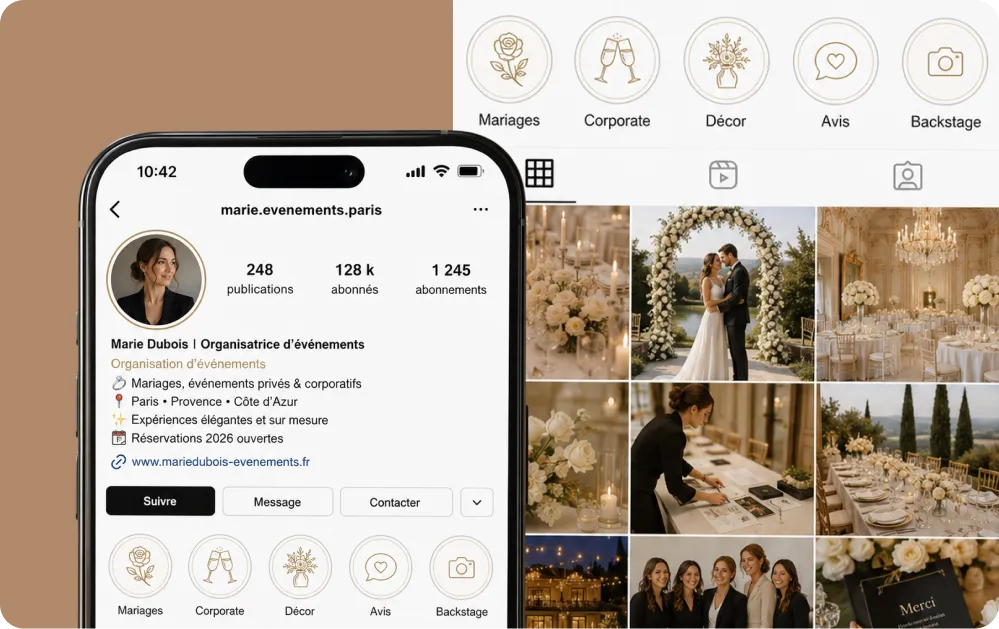 A wedding planner's Instagram profile and photo grid, built by our team