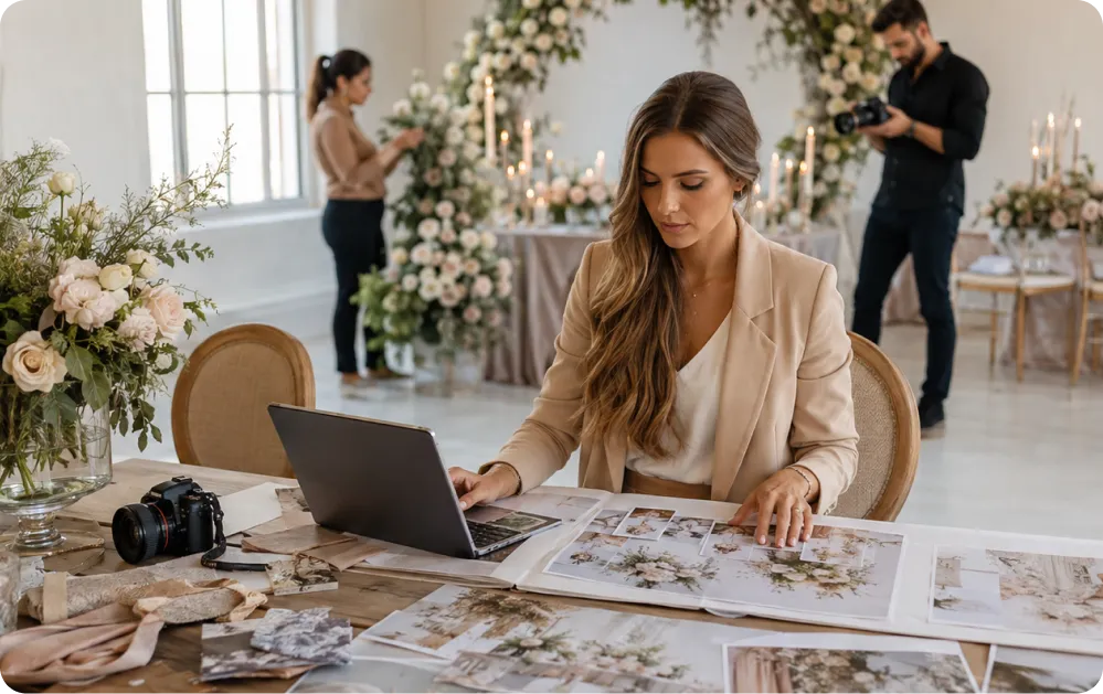 A planner working on her business plan at a wedding venue