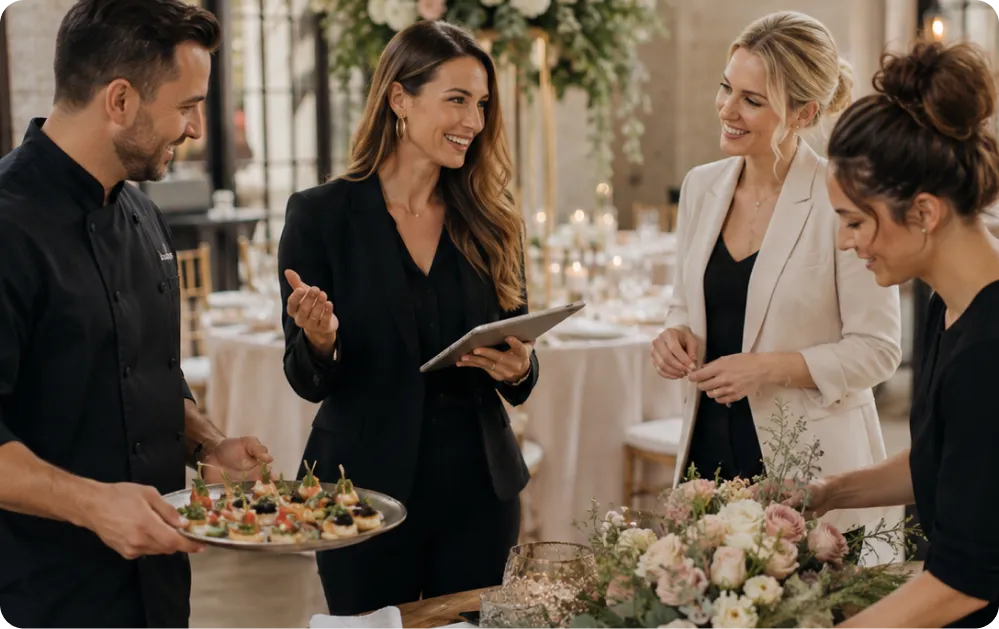 A planner meeting a caterer and florists at a venue