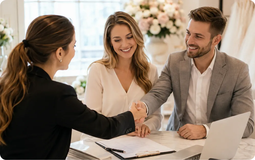 A planner shaking hands with an engaged couple